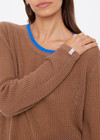 THE UPSIDE women's brown organic cotton Avalon Bayli Knit Crew is a crew neck sweater with drop shoulders in brown, a ribbed neckline in contrast blue and open knit construction. Made for lifestyle.