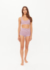 THE UPSIDE women's stripe jacquard Miami Scoop Neck Jasmine Bra features a low scooped neckline in a lilac and chocolate striped design, with removable cups. Made for swim.