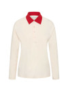 THE UPSIDE women's cream cotton Noosa Calling Collared Top is a relaxed long sleeve top in a soft brushed recycled fabrication with contrast red at the neck. Made for lifestyle.
