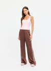 THE UPSIDE women's brown Marnie Silk Wide Leg Pant is true to size with high-rise fit, elasticated waistband, and cream side seam bindings. Made for lifestyle.
