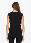 THE UPSIDE women's black Muscle Tank is made of organic cotton jersey. It features low-cut arm openings, rolled bind detail at the sleeve and a white horsehoe logo at the centre front.