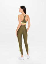 THE UPSIDE Beat 25inch High Midi Pant in Khaki is a sustainable midi length legging with a V shaped high-rise waistband and colour blocked in our Eco Tech performance fabric.