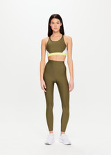 THE UPSIDE Beat 25inch High Midi Pant in Khaki is a sustainable midi length legging with a V shaped high-rise waistband and colour blocked in our Eco Tech performance fabric.