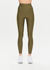 THE UPSIDE Beat 25inch High Midi Pant in Khaki is a sustainable midi length legging with a V shaped high-rise waistband and colour blocked in our Eco Tech performance fabric.