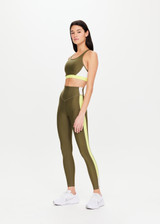 THE UPSIDE Beat 25inch High Midi Pant in Khaki is a sustainable midi length legging with a V shaped high-rise waistband and colour blocked in our Eco Tech performance fabric.