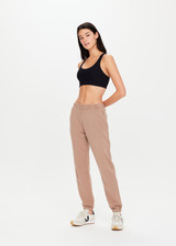 THE UPSIDE Sphinx Blake Track Pant in Mocha is an organic cotton french terry classic fit track pant with pockets and elasticated cuffs.
