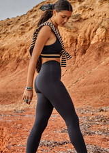 THE UPSIDE Form Seamless 25inch Midi Pant in Black is a solid knitted seamless mid-rise 7/8 length midi pant with contrasting classic sporty strips at cuff.