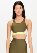 THE UPSIDE Beat Linda Bra in Khaki is a sustainable full coverage racerback bra colour blocked in our Eco Tech performance fabric with removable cups.
