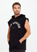 THE UPSIDE Recovery Hoodie in Black is an organic cotton sleeveless, longline hoodie with a cream horseshoe logo print at centre front and raw edges with kangaroo pocket and drawcord through hood.