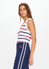 THE UPSIDE Heritage Mina Knit vest is a sustainable organic cotton White cable knit with Red and Navy stripes, ribbed deep V neckline and embroidered arrow at centre back.