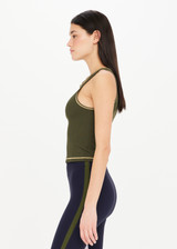 THE UPSIDE Gabby Tank in Pine Green is a recycled high neck cropped tank with contrast yellow stitch detailing.