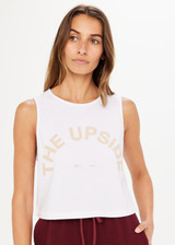 THE UPSIDE Bailey Crop Tank in White is a sustainable organic cotton relaxed fit, cropped tank printed with our horseshoe logo at centre front.