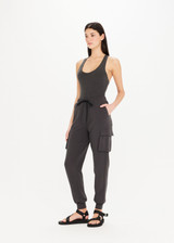 THE UPSIDE Palisade Camino Track in Washed Black is a sustainable organic cotton slim line, light weight track pant with pockets, ribbed cuffs and elasticated drawcord waist.