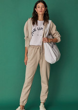 THE UPSIDE Silvermoon Blake Trackpant in Natural is a sustainable organic cotton classic fit track pant with elasticated cuffs, drawstring waist and pockets.