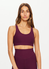 THE UPSIDE women's purple fig Peached Jade Bra is a scoop neck, full coverage, T back bra with internal elastic underbust and removable cups.