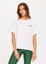 THE UPSIDE Ivy League Jodhi Tee in White is sustainable organic cotton classic tee printed with our The Upside Sport logo on chest.