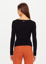 THE UPSIDE x THE BANAYA black Romy Top is a recycled knit blend long sleeve top designed for a slim fit. It features a wide open sweetheart neckline and fitted sleeves.