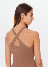 THE UPSIDE womens brown/mocha scoop neck, form fitting Balance Seamless Lenny Tank made with Form Seamless fabric features cross back straps, shelf bra and removable cups.