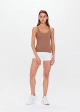 THE UPSIDE womens brown/mocha scoop neck, form fitting Balance Seamless Lenny Tank made with Form Seamless fabric features cross back straps, shelf bra and removable cups.