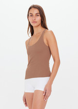 THE UPSIDE womens brown/mocha scoop neck, form fitting Balance Seamless Lenny Tank made with Form Seamless fabric features cross back straps, shelf bra and removable cups.