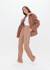 THE UPSIDE women’s mocha mid-rise Celeste Pant made with slinky fabrication features a relaxed straight leg fit, elasticated waist with drawcord and knitted stripe tape down side seams.
