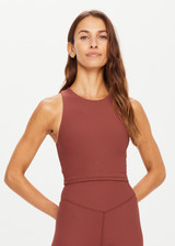 THE UPSIDE womens brown high neck cropped Jacinta Tank made with Ultra Soft Recycled Rib fabric features a built in shelf bra and removable cups, designed for layering and pairing with shorts