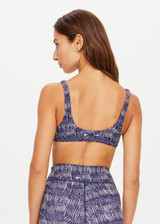 THE UPSIDE women’s indigo abstract-print Yukimi Rory Bra made with Recycled Rib fabric, a mid coverage bra, features scooped square neck, straight back straps, removable cups and moisture wicking properties