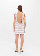 THE UPSIDE womens white/brown high neck Bungalow Sienna Crochet Dress made with organic cotton features a low scooped out back and self tie at back of neck, best for summer.