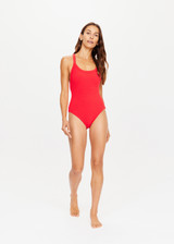 THE UPSIDE red Quince Pamela One Piece made from recycled polyester is fully lined and features a scoop neck, low cooped back with cross back stripes and recycled textured terry towelling stripe.
