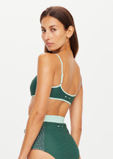 THE UPSIDE pine green Mahina Gia Bralette made from a recycled textured fabric is fully lined and features a scoop front, mint green binds, adjustable straps and removable bust cups.