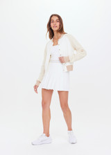 THE UPSIDE womens white/beige/neutral Rodeo Hallie Knit Bomber features welt pockets, contrast sleeves and knitted rib at hem, neck and cuffs.