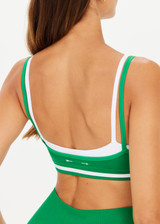 THE UPSIDE women's green double-layer Form Seamless Kelsey Bra made in Recycled Form Seamless fabric features a white contrast underlayer, soft stripe ribbing at band and moisture control properties.