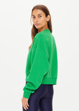 THE UPSIDE women's bright green Drifter Dominique Crew made in organic cotton fleece features a cropped cut, tonal embroidered Horseshoe logo at front chest and a high neck band in soft rib.