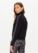 THE UPSIDE women's black slim-fit Realm Margot Jacket made with soft suiting lenzing viscose fabrication features a front zip, functional welt pockets at front, cream piping details, and rib neck, hem and cuffs.