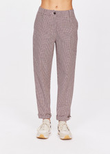 THE UPSIDE womens check Riches Highlands Pant is made from an organic cotton blend and features an elastic waist with fly and button opening, front and back pockets and a rolled hem with tape detailling.