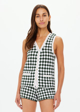 THE UPSIDE women's Portobello Watson Crochet Vest is hand crocheted in a two tone design of green and white. The waistcoat vest features a framed white stripe at the placket, armholes and welt pockets and accessories with white pearlised buttons. Designed for activity golf.