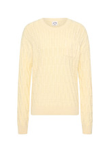 THE UPSIDE women's butter yellow Boo Cable Knit Sweater is made with organic cotton and features a patch pocket at chest and ribbed cuff, neck, and hem.