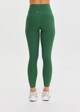 THE UPSIDE women's green Il Pelicano 25 inch Midi Pant is made from recycled rib. The high rise legging features soft folded waistband. Designed for yoga and exercise.