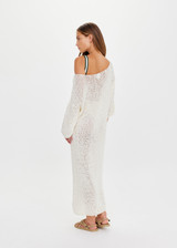 THE UPSIDE women's cream Dusty-Ray Crochet Dress is made from organic cotton. The maxi dress features boat neck and 3/4 sleeve. Designed for lounging and layering.