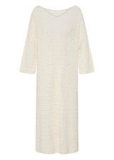 THE UPSIDE women's cream Dusty-Ray Crochet Dress is made from organic cotton. The maxi dress features boat neck and 3/4 sleeve. Designed for lounging and layering.