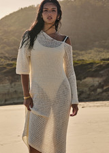 THE UPSIDE women's cream Dusty-Ray Crochet Dress is made from organic cotton. The maxi dress features boat neck and 3/4 sleeve. Designed for lounging and layering.