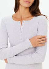 THE UPSIDE women's grey marle organic cotton Ness Ribbed Long Sleeve Top is designed for a slim fit. Perfect for layering and styling up and down.