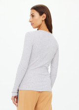 THE UPSIDE women's grey marle organic cotton Ness Ribbed Long Sleeve Top is designed for a slim fit. Perfect for layering and styling up and down.