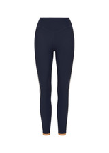 THE UPSIDE women's navy recycled peached Daytona 25 inch Legging is designed for a high-rise supportive fit and features contrast cream binds. Perfect for yoga.