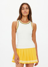 THE UPSIDE women's cream Kristy Rib Tank Top is made in recycled moisture wicking ribbed fabrication with striped rib neckband and armhole. Made for tennis.