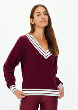 THE UPSIDE women's merlot organic cotton Josette V Neck Knit Sweater is a regular fit and features striped neckline in mint and white. Made for lifestyle.