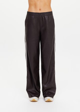 THE UPSIDE women's brown recycled fabric Vegan Leather Twilight Pant features an elasticated waistband with contrast white binds down the side. The perfect addition to your everyday wardrobe.