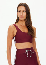 THE UPSIDE women's merlot Oxford Harley Scoop Sports Bra is designed for supportive fit and features elasticated underbust and removable cups. Made for pilates.