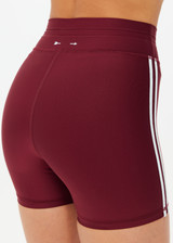 THE UPSIDE women's merlot Oxford 4 Inch Spin Short features an elastic drawcord through waist with mint side seam stripes. Made for yoga & pilates.