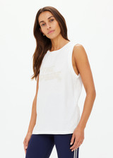 THE UPSIDE women's white organic cotton Stardust Jeet Tank Top is designed for a relaxed fit and features printed star logo on front. Made for lifestyle.